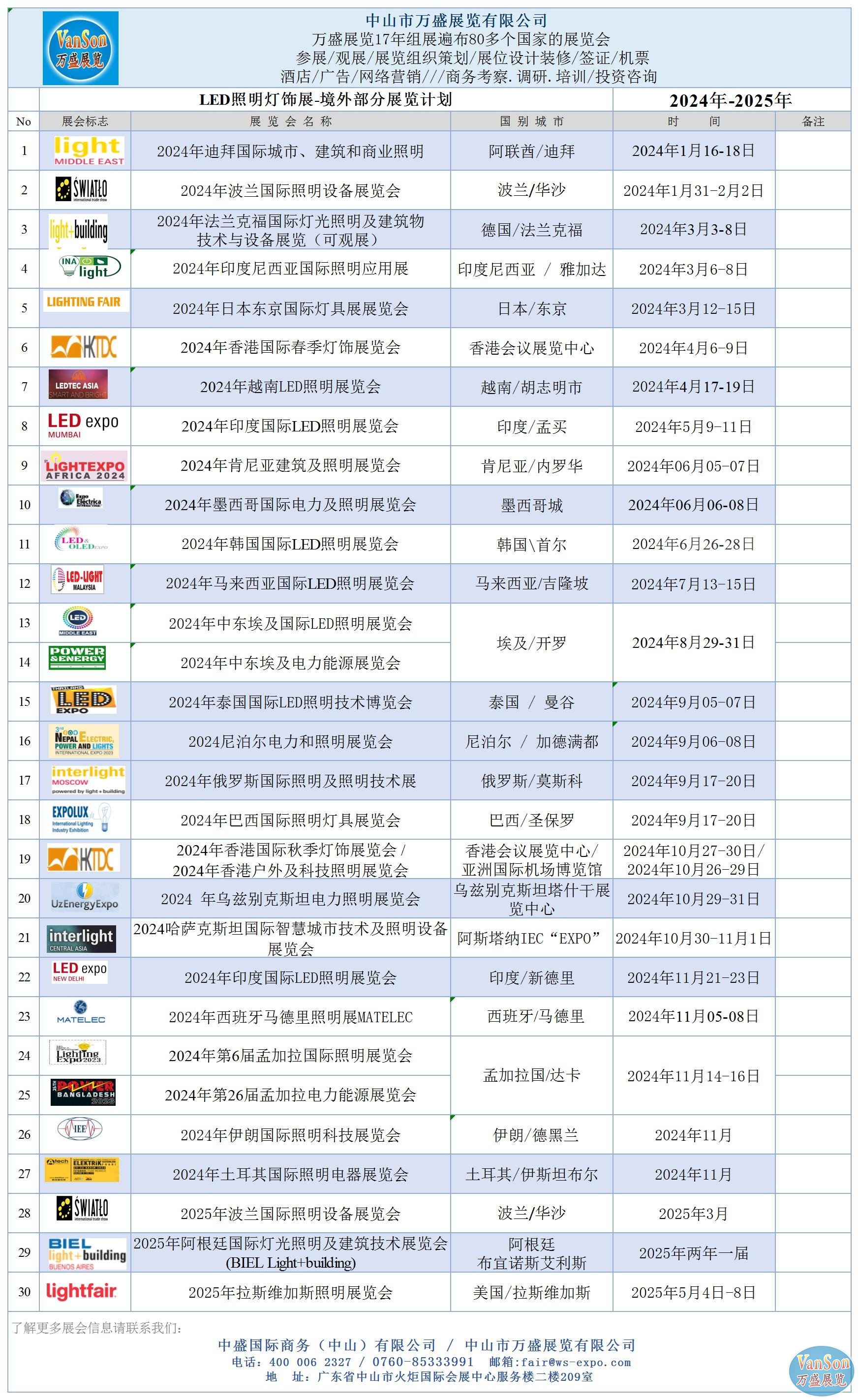 2024-2025年<a href='http://m.g179.cn' target='_blank'><u>萬盛展覽</u></a>全球燈飾照明展覽會展覽計劃表